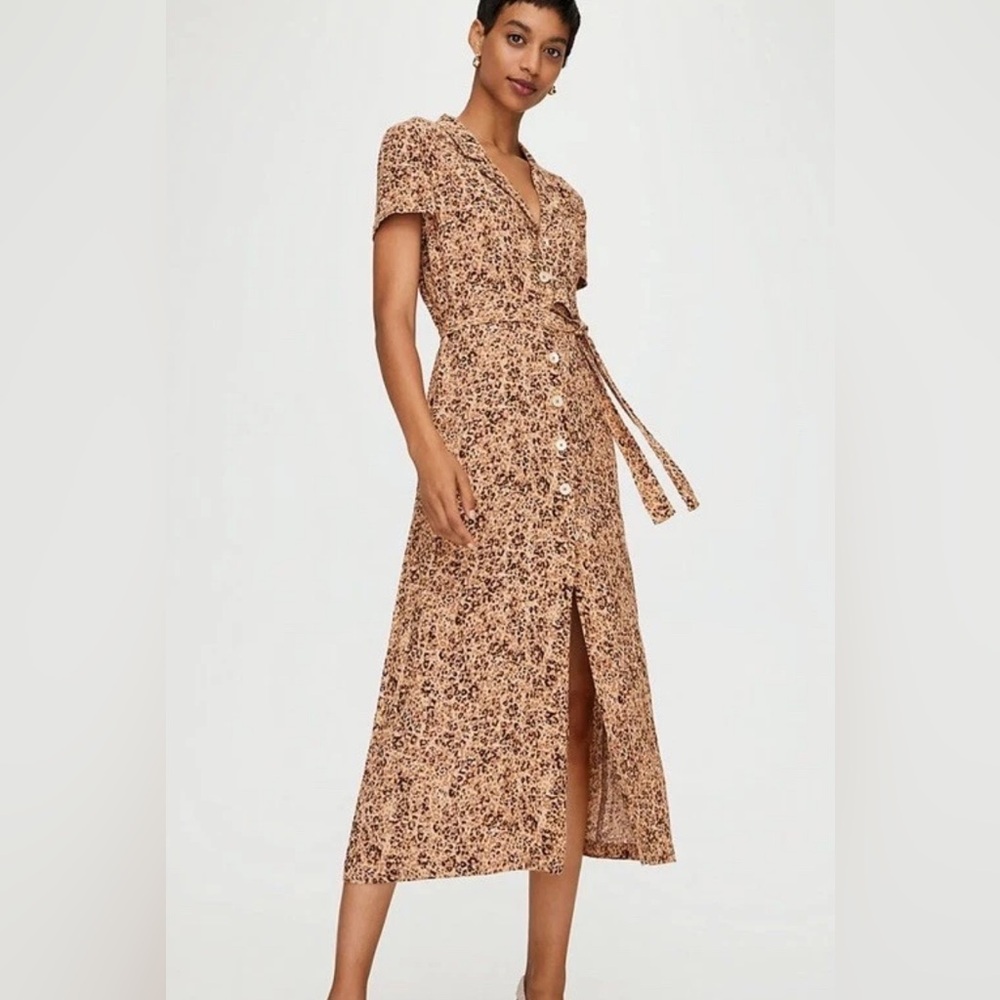 Aritzia Wilfred Dress Prima Tawny Midi Tie Belt Short Sleeve Small Leopard